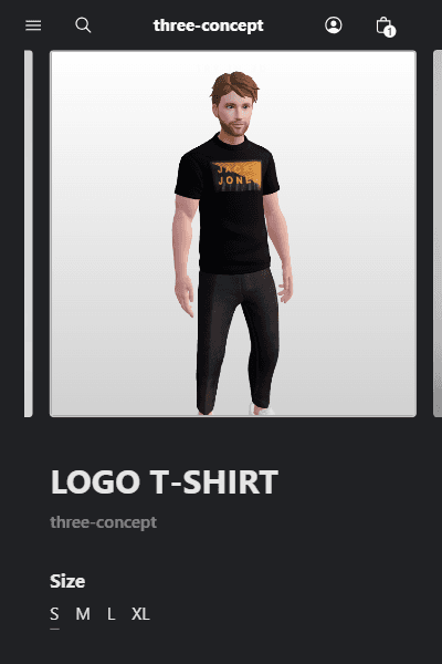 3D avatar wearing a t-shirt on an e-commerce page, with a video showcasing a 360-degree spin when hovered over with the cursor.