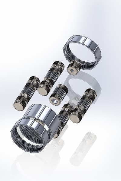 Image showing CAD model of compound planetary gearbox, animated when hovering cursor